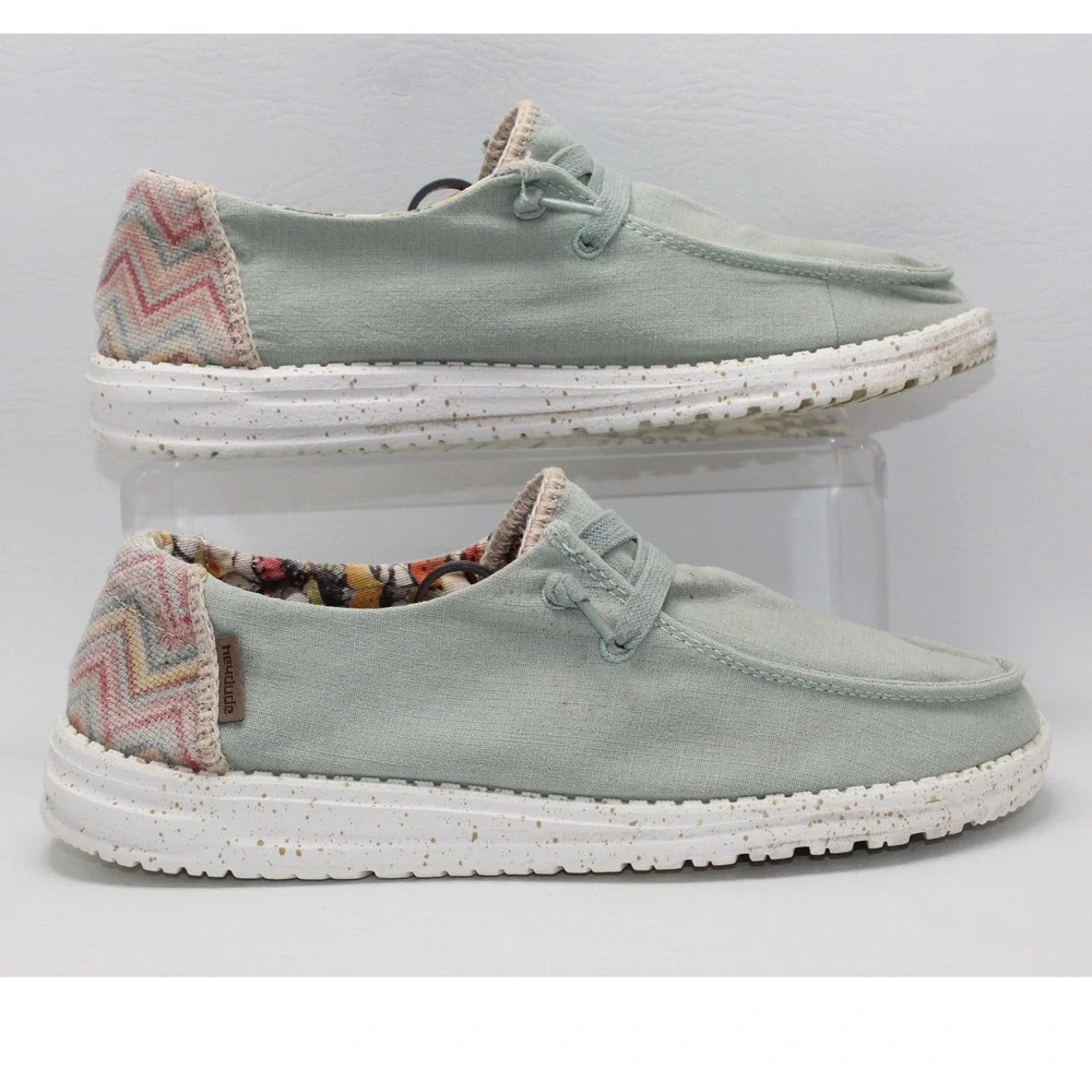 Hey Dude Wendy Aloe Sage Green Canvas Loafers Shoes Womens 8 Butterfly Chevron